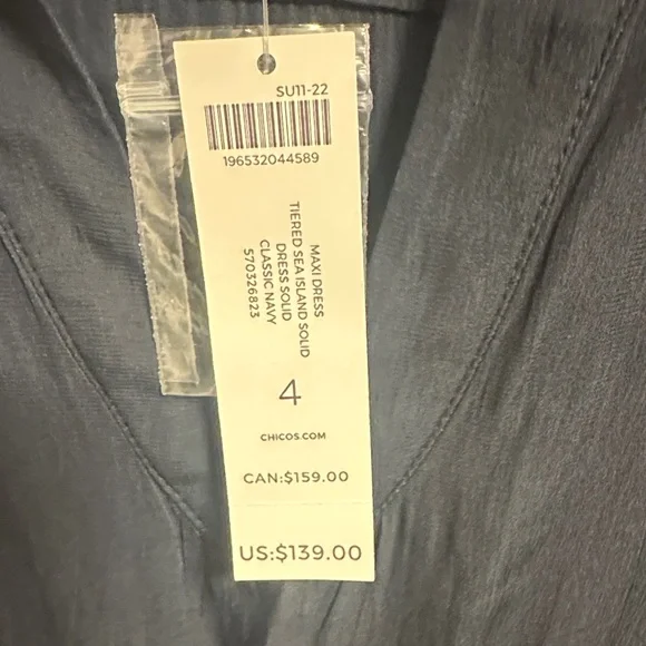 Chico's Navy Tiered Maxi Dress with Roll-Tab Sleeves sea island sz 4 -20/22 - Picture 3 of 8